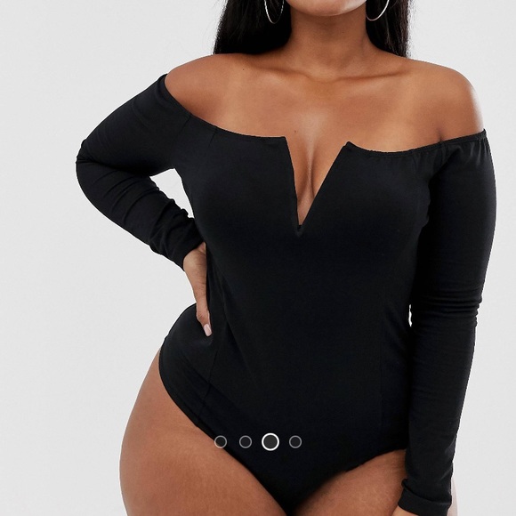 ASOS CURVE Bardot Long Sleeve V-Bar Bodysuit - Picture 3 of 6